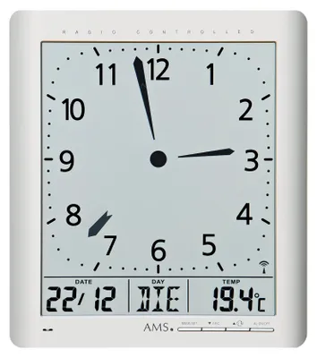 Zdjęcie produktu dla Zegar ścienny sterowany radiowo AMS, mechanizm sterowany radiowo z analogowym wyświetlaczem czasu i cyfrowym wyświetlaczem temperatury, 21x24x3cm, 5898