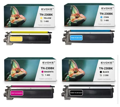 Obrázok produktu pre Kompatibilné tonerové kazety Evoke pre tlačiarne Brother TN-230 TN230: 4 ks (čierna, azúrová, purpurová, žltá) – výtlačnosť až 6400 strán. Vhodné pre modely: DCP-9010CN; HL-3040CN, 3045CN, 3070CW, 3075CW; MFC-9120CN, 9125CN, 9320CW
