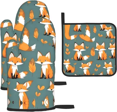 Produktbild von Küchen-Backset mit gelbem Fuchs, 3-teiliges Set, hitzebeständige Handschuhe für das Grillen im Freien