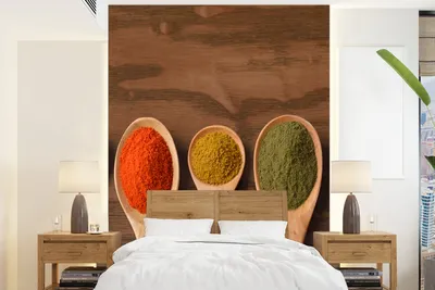 Produktbild von MuchoWow® Fototapete für Wohnzimmer oder Schlafzimmer Wandtapete Vinyl Motivtapete Schöpfkelle - Kräuter - Lebensmittel - Gewürze - Tisch - 205x280 cm - Wandbild