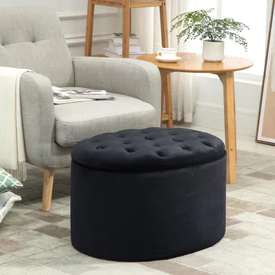 Produktbild von Gepolsterte Aufbewahrungsbank mit Stauraum, 71x52x42 cm, Schwarz, oval, Samtoptik
