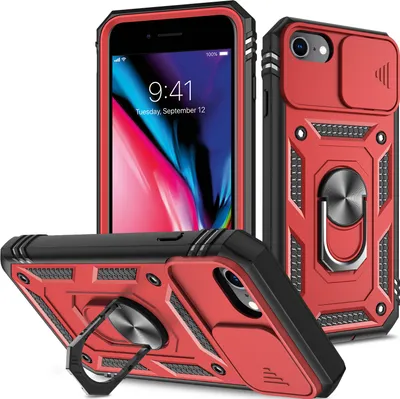 Immagine prodotto di Custodia per iPhone SE 2022/iPhone SE 2022/iPhone 8 / 7 / 6s / 6 protezione fotocamera scorrevole, resistente agli urti, con supporto ad anello, supporto e portacarte Rosso