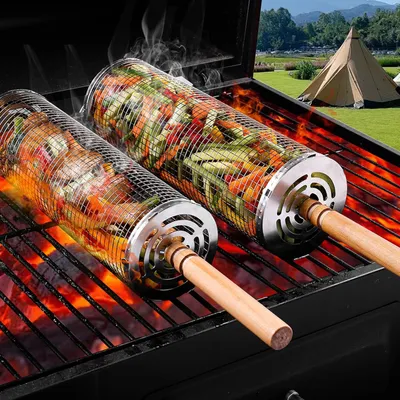 Produktbild von Set aus 2 Grillkörben mit Holzgriff - Mit Gabel - Kochzubehör für Camping und im Freien - Für Gemüse, Pommes, Fleisch, Fisch