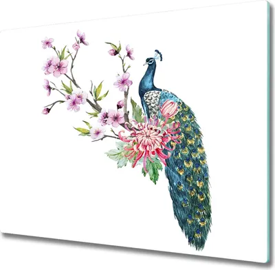 Produktbild von Glas Herdabdeckplatte 60x52 cm Spritzschutz Glasabdeckplatte Schneidebrett Pfau und Blumen