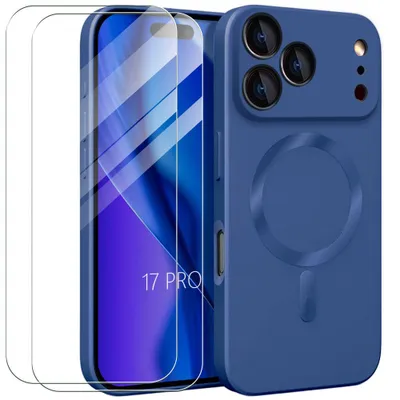 Image de Coque + 2 Verres Trempés pour iPhone 17 Pro, Protection Silicone avec Cercle Magnétique Bleu Marine