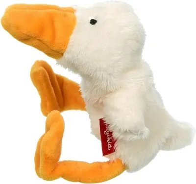 A plush toy duck on a white background.