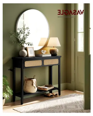Produktbild von Konsolentisch, Flurtisch, Möbel für den Flur, schmaler Sofatisch für das Wohnzimmer, mit 2 Schubladen, offener Ablage, abgerundeten Ecken, im Boho-Stil, aschschwarz