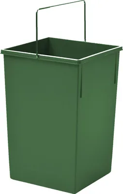 A green rectangular bin with a metal handle.