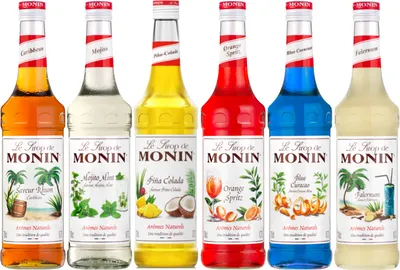 Produktbild von Lot sirops cocktails MONIN - Rhum, Mojito, Piña colada, Orange spritz, Bleu Curaçao, Falernum - 6x70cL