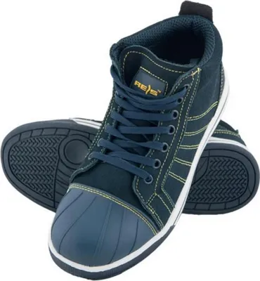 A pair of dark blue high-top work shoes with yellow stitching and a reinforced toe.