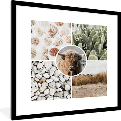 Produktbild von MuchoWow® MuchoWow® Gerahmtes Poster Schottisches Hochlandrind - Collage - Steine - Sand 40x40 cm - Poster mit zchwarzem Bilderrahmen - Poster - Plakat im Rahmen