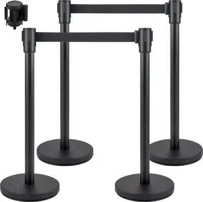 Obrázek produktu pro VEVOR bariérové sloupky pro kontrolu davu 4dílná sada bariérových sloupků s 2 m černým zatahovacím popruhem, systém kontroly davu bariérová páska bariérový stojan s betonovou a kovovou základnou