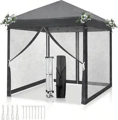 Produktbild von Pavillon 3x3m Faltpavillon mit 4 Moskitonetzen – Höhenverstellbar, Wasserdicht & UV-Schutz 50+, Stabiler,für Garten, Terrasse, Camping & Gewerbliche Nutzung,Anthrazit