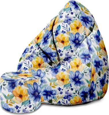 Image de Dreamroots Bean Bag 80x80x120cm Pouf avec dossier et tabouret et housse Coussin de sol Sac de siège avec remplissage avec Yellow and Blue Flowers