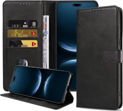 Productafbeelding van Geschikt voor Huawei Nova 14 Pro.Telefoonhoesje van kunstleer met magnetische sluiting en pasjeshouder. Book case met klepje - Walletcase met kaartsleuf - Zwart - Smartphonica
