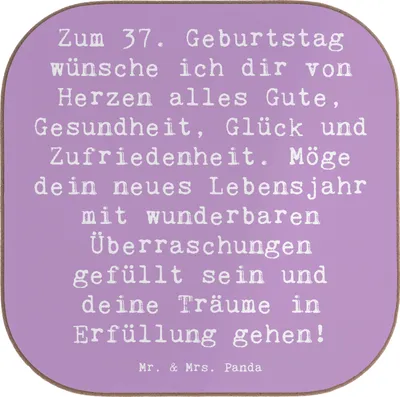 Produktbild von Mr. & Mrs. Panda Tischuntersetzer Spruch 37. Geburtstag Grüße - Lavendeltraum - Geschenk, Untersetzer Glas, gläseruntersetzer, liebevoll, neues Lebensjahr, Zufriedenheit