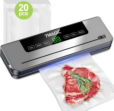 Produktbild von 7MAGIC 6 in 1 Vakuumierer, Vakuumiergerät für Lebensmittel, Folienschweißgerät für Lebensmittel mit 20 Vakuumierbeutel und Schlauch, LED-Anzeige und Eingebautem Cutter, Silbergrau