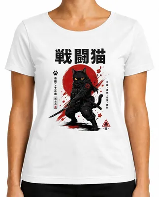Imagen del producto de Camiseta blanca para mujer con diseño de "Samurai Katze Ninja Katana Japan Anime Kirschblüten Y2K Shinobi", talla L