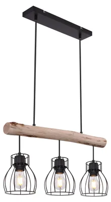 Produktbild von Globo Lighting Hängeleuchte Metall schwarz, Holz naturfarben, Metall schwarz, Kabel PVC schwarz, Höhenverstellbar, LxBxH: 600x136x1400mm, exkl. 3x E27 40W 230V