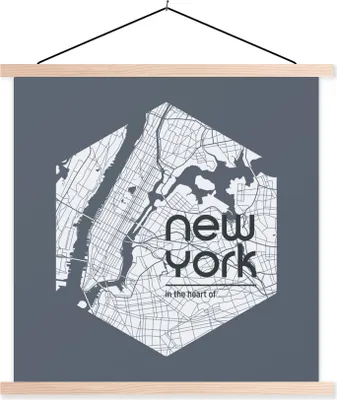 Produktbild von MuchoWow® Textilposter New York - Karte - Hexagon 120x120 cm mit holzfarbenen Rahmen - Textil-Poster