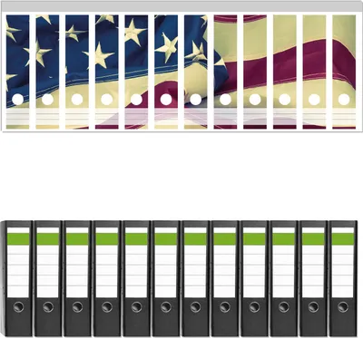 Produktbild von Wallario 12 Stück breite Ordner inkl. Klebeetiketten mit Motive Amerikanische Flagge im Wind -  Set mit Rückenschildern / Ordnerrücken Stickern
