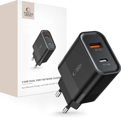 Zdjęcie produktu dla Tech-Protect C30W 2-Port Network Charger Pd30W/Qc3.0 Black