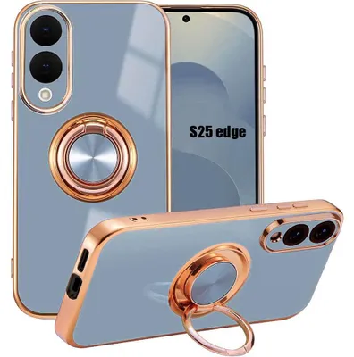 Image de Coque pour Samsung Galaxy S25 Edge, Protection Silicone Légère Slim avec Anneau Rotatif 360° - Bleu