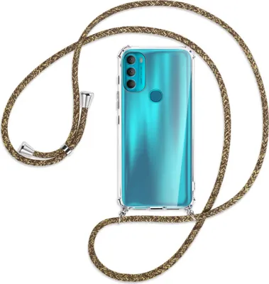 Produktbild von Handykette Backcover-Schutzhülle mit Band (Metall silberfarben) für Motorola Moto G71 5G - braun+beige