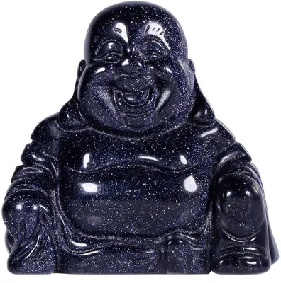 Image de Pierre « Bouddha souriant » bleu-gris en azurite, taillée dans une pierre bleu cristal, talisman du Bouddha Maitreya pour le bonheur et l'harmonie