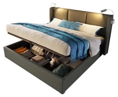 Produktbild von Polsterbett 140x200CM Doppelbett Stauraum mit USB Ladefunktion Kopfteil, mit lattenrost(Ohne Matratze）