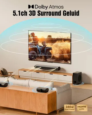 Immagine prodotto di HiElite A51, soundbar a 5.1 canali per televisori, sistema audio surround Dolby Atmos, con 2 diffusori surround cablati e soundbar subwoofer da 5,25 pollici