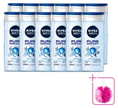 Productafbeelding van 12 x Nivea Men Douchegel Pure Impact 3-in-1 - 250 ml - Voordeelverpakking - 12 stuks