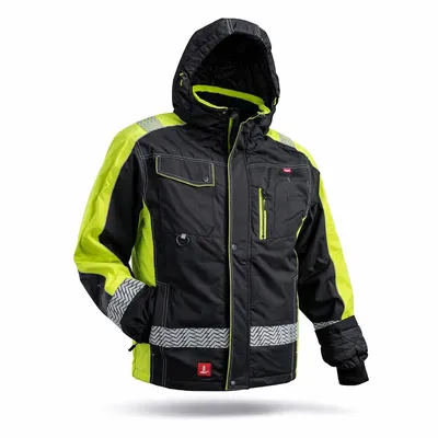 Produktbild von URGENT Y-8365 Winterjacke Größe L Arbeitsjacke Herren mit Kapuze Schwarz Gelb Warme Berufsbekleidung Reflex Arbeitsjacke