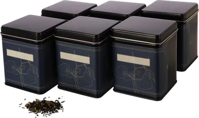 Produktbild von Klassische vierkante theebussen - stapelbaar und aromadicht - set von 6 - mit Etiketten - aus Metall