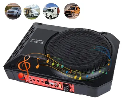 Obrázek produktu pro Aktivní subwoofer, maximální výkon 800 W, výkon RMS 250 W, rozměry 35,5 cm × 28 cm × 8 cm, impedance 2,6 Ω, frekvenční rozsah 20 Hz–150 Hz