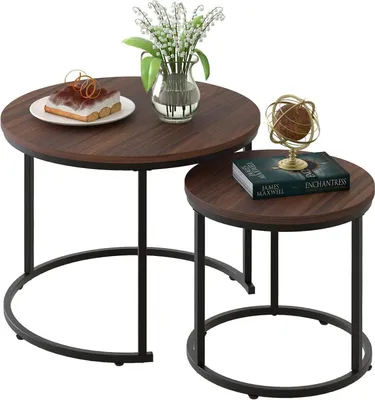 Produktbild von Runder Couchtisch Set aus Holz und Metallgestell, Braun/Schwarz