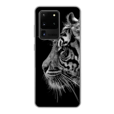 Produktbild von MuchoWow® Handyhülle Schutzhülle Hülle für Samsung Galaxy S20 Ultra Tiger auf schwarzem Hintergrund in schwarz und weiß Silikon Softcase Handy Hülle - Karteninhaber