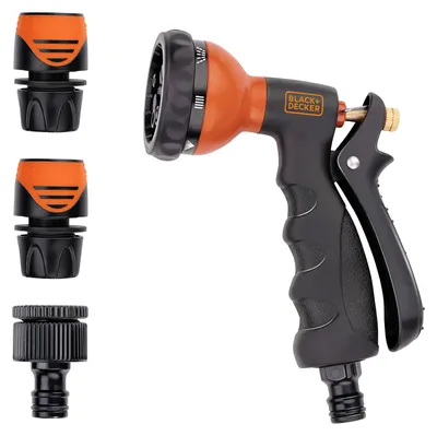 Produktbild von BLACK+DECKER Gartenspritze mit 3 Gartenschlauch Kupplungen 7 Wasserstufen Metall Schwarz/Orange