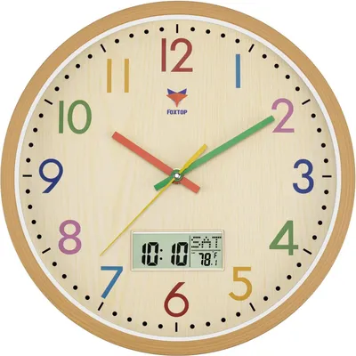 A close-up of a colorful analog clock with a digital display showing the time and temperature.