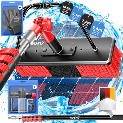 Produktbild von MASKO® Teleskop Waschbürste Reinigungsbürste Ausziehbar Fenster- & PV-Anlagen-Reiniger mit Wasseranschluss, Weiche Borsten, Seifenspender & Handschuhe