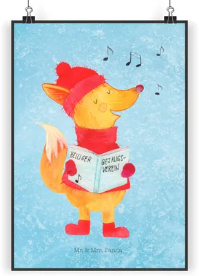 Produktbild von Mr. & Mrs. Panda Bild Fuchs Sänger DIN A3 - Eisblau - Geschenk, Weihnachten, Weihnachtslieder, wanddeko, drucke, Plakat, Kunstdruck, Wandbild, Singen, Winter