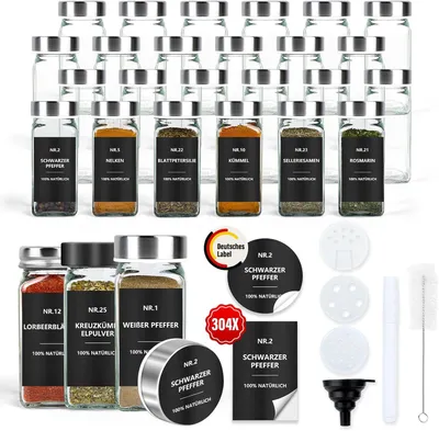 Produktbild von Zimilo 24er Set Gewürzgläser mit Etiketten, 120ml Glas, Quadratisch, Streueinsatz, Wasserdicht, Gewürzaufbewahrung Küche, Silberdeckel