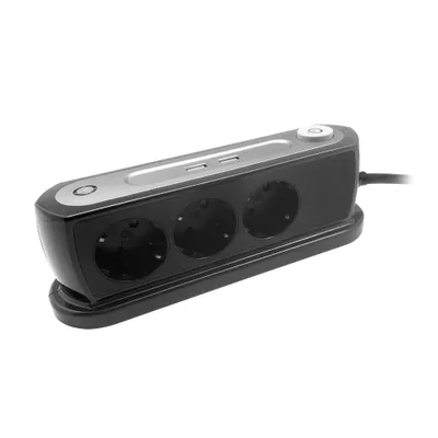Obrázek produktu pro Zásuvka 3x2P+Z s vypínačem, nabíječka 2xUSB 2,4A, přepěťová ochrana TYP 3, kabel H05VV-F 3x1,5, délka 1,4 m, černá.