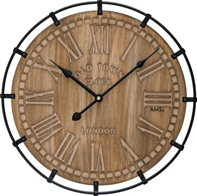 Produktbild von AMS 9616 Wanduhr Quarz analog Holz mit Metall kombiniert rund