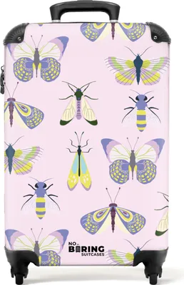 Produktbild von NoBoringSuitcases.com Hartschalen Handgepäck Koffer 55x35x20 cm, 36L, Insekten- und Pflanzendrucke für Frauen: Rosa mit Insekten, Reisekoffer mit 4 Rollen