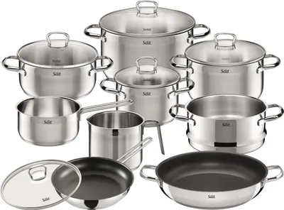 Produktbild von Silit Toskana Topfset Induktion 10-teilig, Kochtopf Set mit Glasdeckel, Milchtopf, Dämpfer, Pfanne, Edelstahl teilmattiert, Töpfe Set unbeschichtet