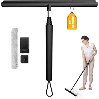 Image de Kit de raclette de douche avec support, installation sans perçage, réglable de 30 à 120 cm, couleur noire