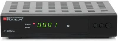 A front view of a black satellite receiver with a digital display and buttons.