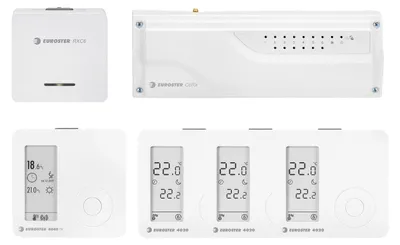 A collage of four white electronic devices, likely thermostats or control units, arranged on a white background.