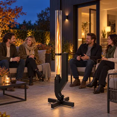 Obrázok produktu pre Ikodm, krbový ohrievač na pelety, výška 138 cm, s skleneným komínom, dekoratívny stĺp s regulovateľným prívodom vzduchu a peletiek, vhodný do záhrady alebo na terasu, čierna farba
